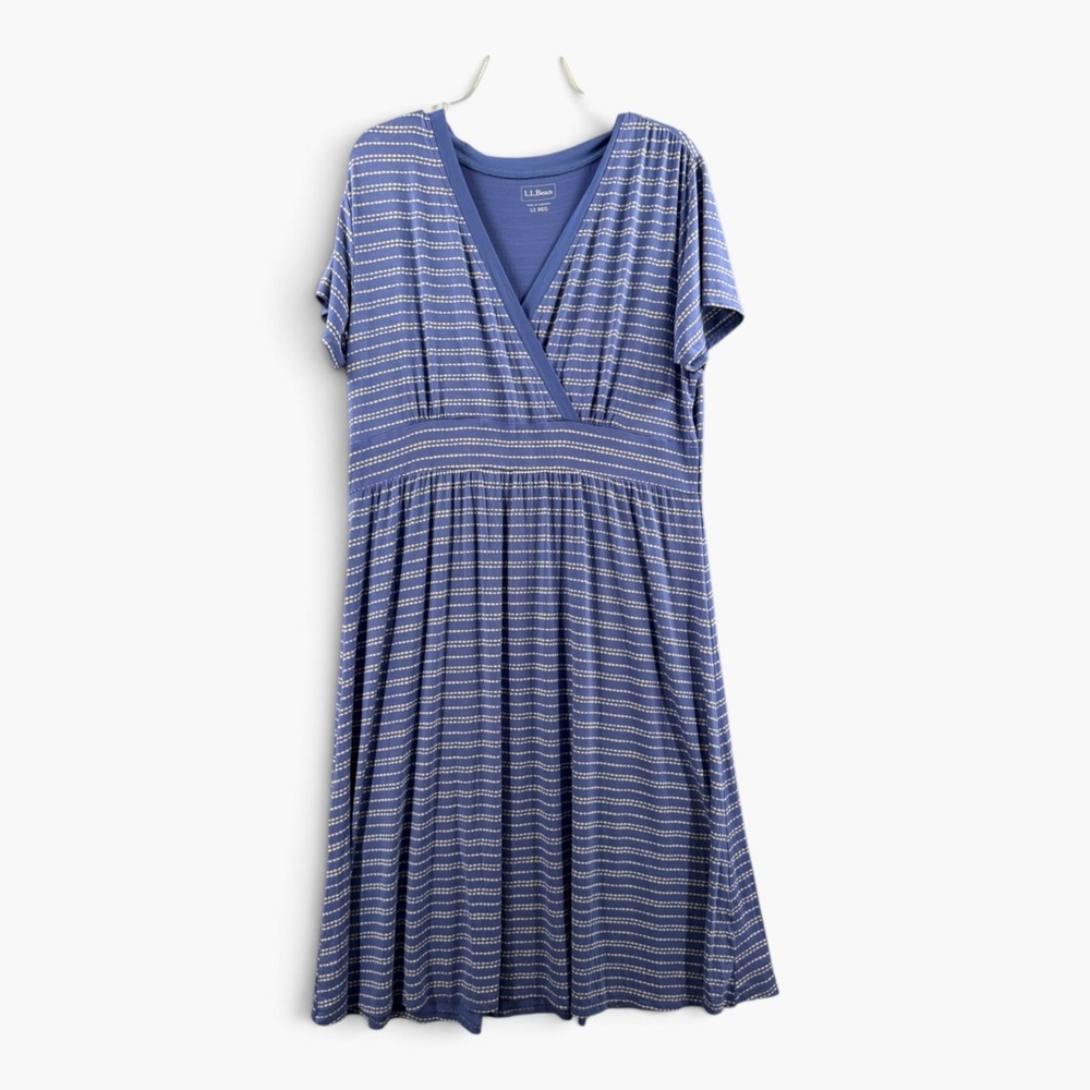 LL Bean Summer Knit Dress Womens 1X Blue White Faux Wrap Coastal Resort Comfy